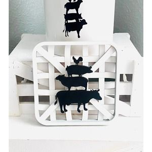 Handmade Farmhouse Faux Basket w/Stacked Animal Tiered Tray Decor (SAB)